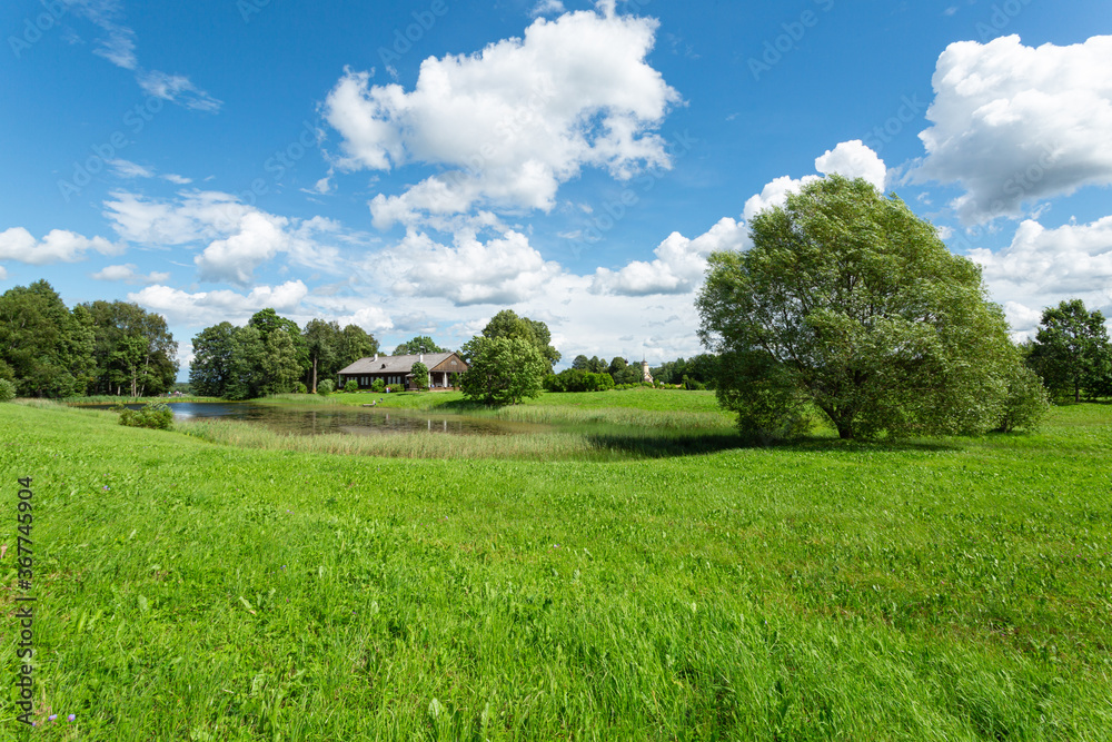 Scenic landscape panorama with green grass and blue sky. Horizontal image. Scenic landscape panorama with green grass and blue sky. Horizontal image.