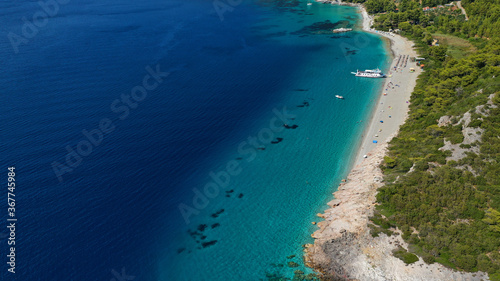 Aerial drone panoramic photo of famous turquoise paradise beach of Milia covered with pine trees, Skopelos island, Sporades, Greece