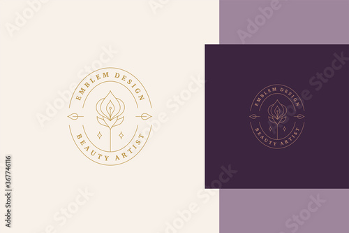 Minimal vector illustration of linear style logo template with elegant orchid in oval frame line style