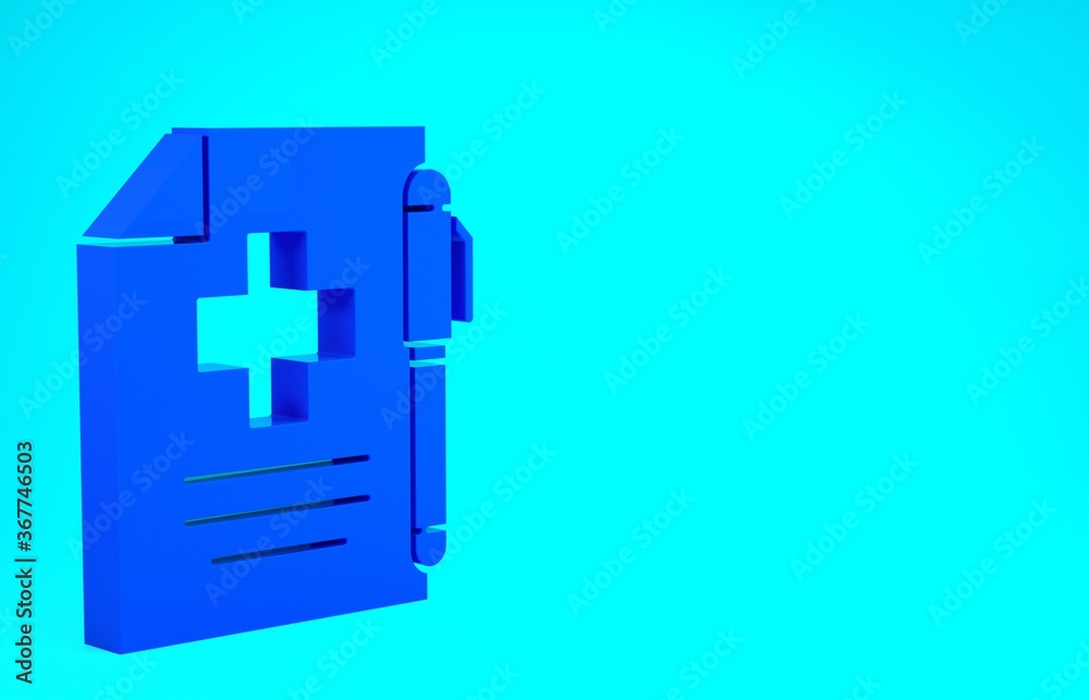 Obraz premium Blue Medical prescription and pen icon isolated on blue background. Rx form. Recipe medical. Pharmacy or medicine symbol. Minimalism concept. 3d illustration 3D render.