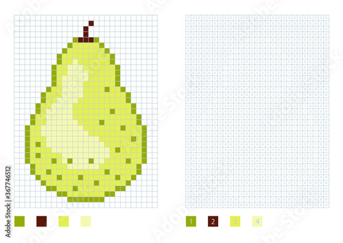 Pixel pear in the coloring page with numbered squares, vector illustration