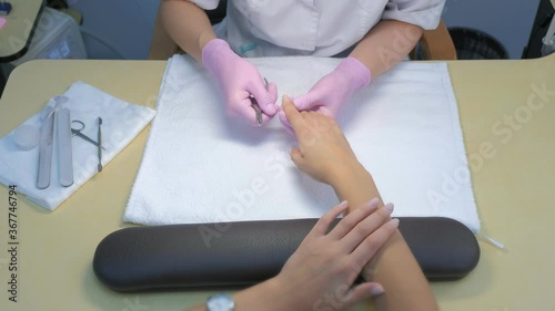 Manicurist master in gloves is making manicure for woman cutting cuticle with professional nail nippers tongs, hands closeup. Professional manicure in beauty salon clinic, top view. Manual work.