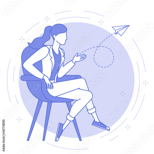 Thin line blue icon startup progect idea concept. young women is launching paper plane. Flat design trendy style effective business process vector web banner template, line art.