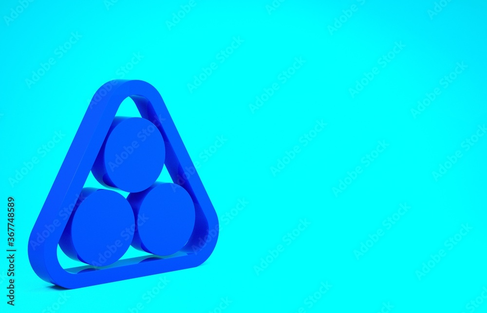 Blue Billiard balls in a rack triangle icon isolated on blue background. Minimalism concept. 3d illustration 3D render. Blue Billiard balls in a rack triangle icon isolated on blue background. Minimalism concept. 3d illustration 3D render.
