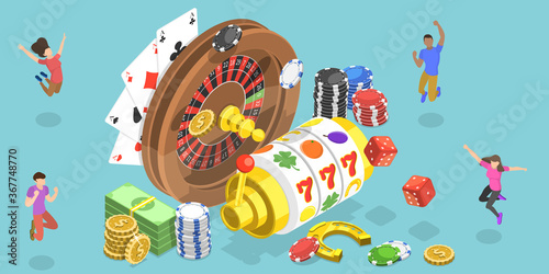3D Isometric Flat Vector Conceptual Illustration of Online Gambling Platform for Live Poker, Roulette, Slot Machine and Dices, Internet Casino.