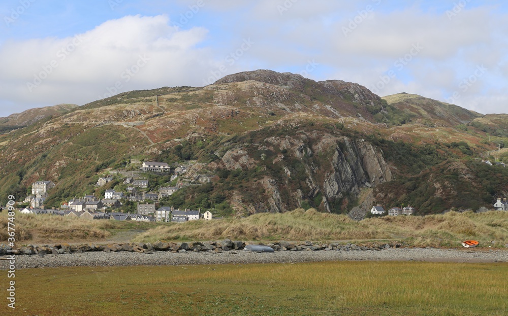 A view towards the hillside houses in Barmouth, Gwynedd, Wales, UK.