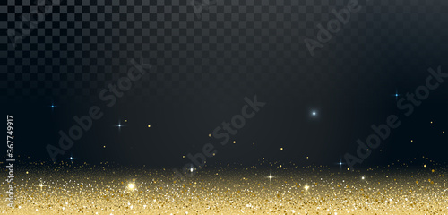 Sparkle stardust, glitter template with transparent background. Gold shining particles abstract frame. Holiday vector illustration. Sparkling lights, stars, confetti.