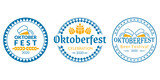 Oktoberfest logo, badge or label set. Beer festival poster or banner design elements. German fest signs. Stamp or seal collection with beer mugs and hop. Vector illustration.