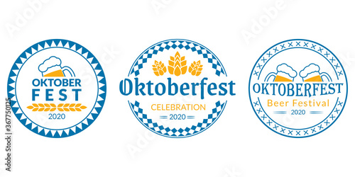 Oktoberfest logo, badge or label set. Beer festival poster or banner design elements. German fest signs. Stamp or seal collection with beer mugs and hop. Vector illustration.