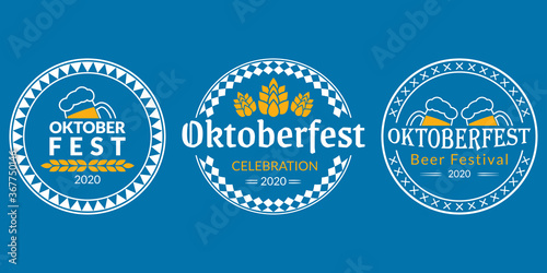 Oktoberfest logo, badge or label set. Beer festival poster or banner design elements. German fest signs. Stamp or seal collection with beer mugs and hop. Vector illustration.