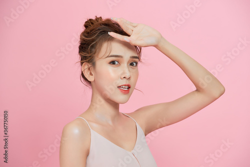 Portrait of fresh Asian face woman over white background.
