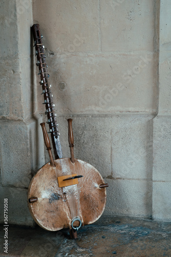 Kora against a stone wall