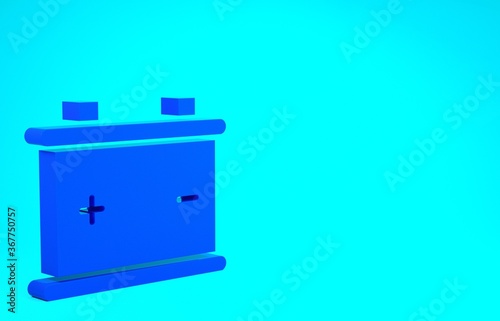 Blue Car battery icon isolated on blue background. Accumulator battery energy power and electricity accumulator battery. Minimalism concept. 3d illustration 3D render.