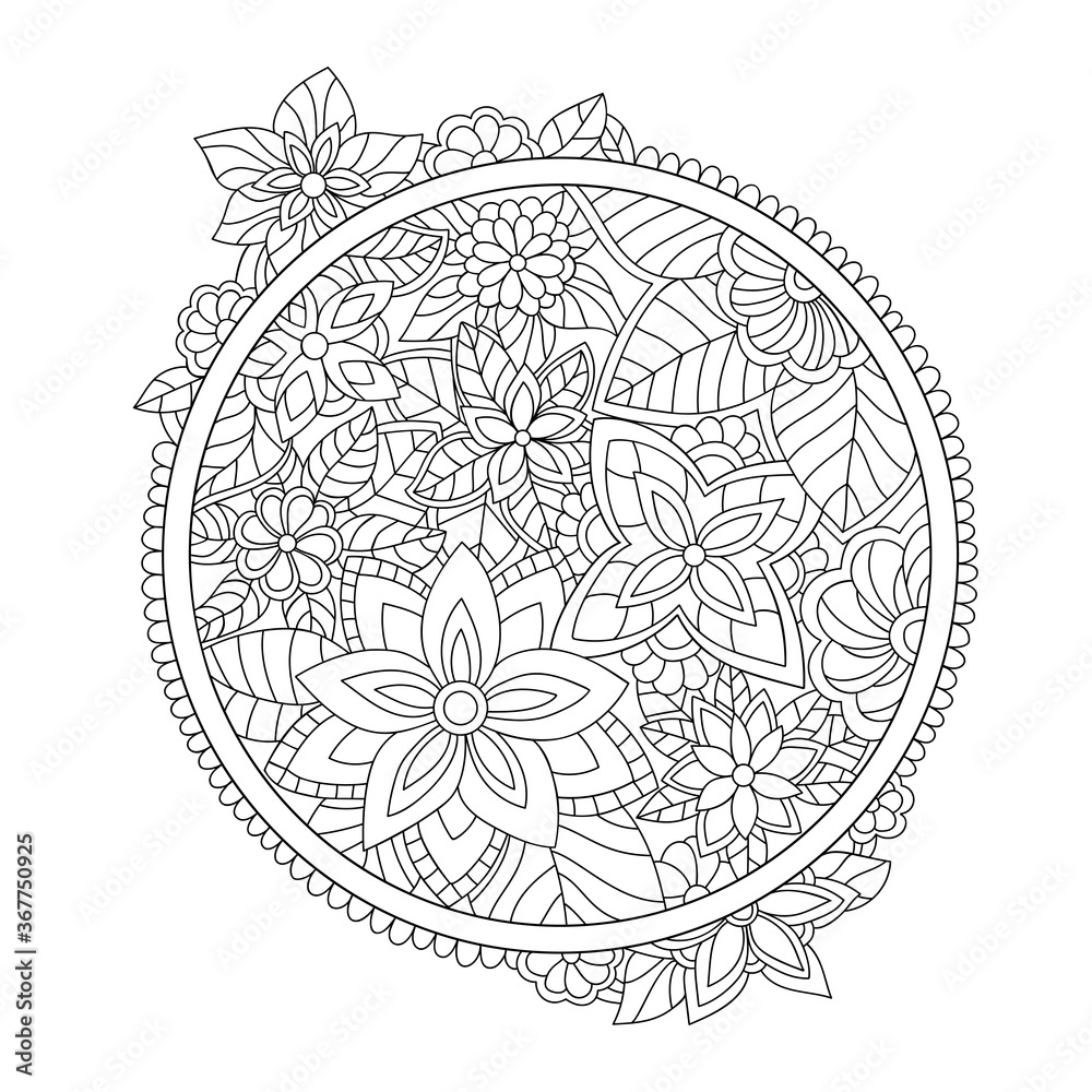 Decorative flowers and leaves with simple pattern in round shape on white isolated background. For coloring book pages.