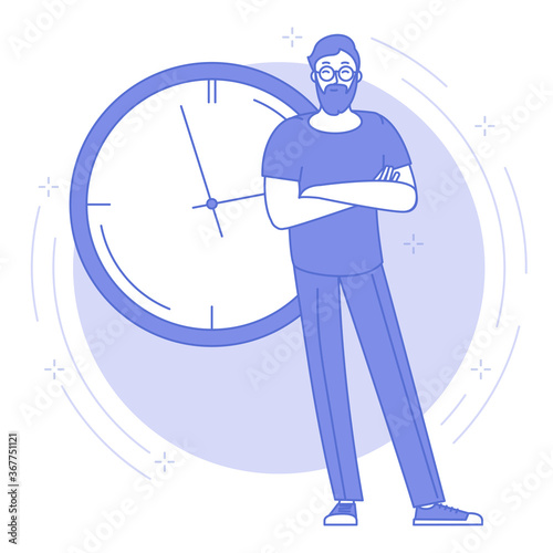 Thin line blue icon of time management and planning concept with young man standing in front of the big office clock. Flat design networking vector web banner template, line art.