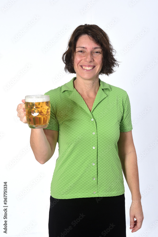 woman with a jar of beer on white background woman with a jar of beer on white background
