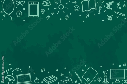 Back to school. Abstract blackboard. Sketchy background with hand drawn school supplies