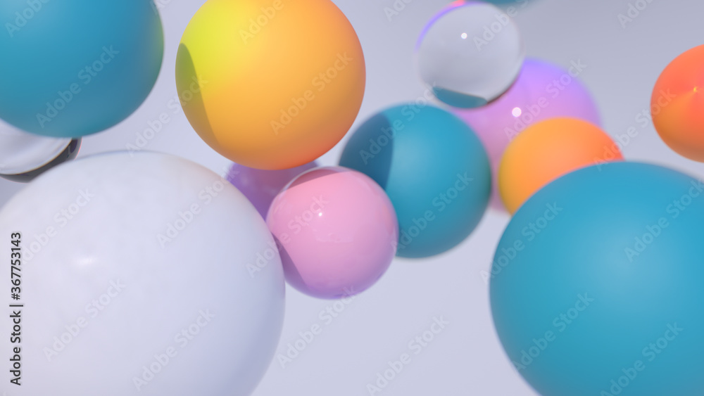 Minimal simple and beautiful color abstract background. Multicolor 3d spheres or balls floating on white background. Wallpaper or template. Low depth of field