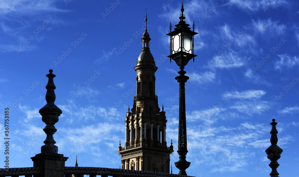 silhouettes of the Plaza de Espana (Spain Square), Seville, Spain