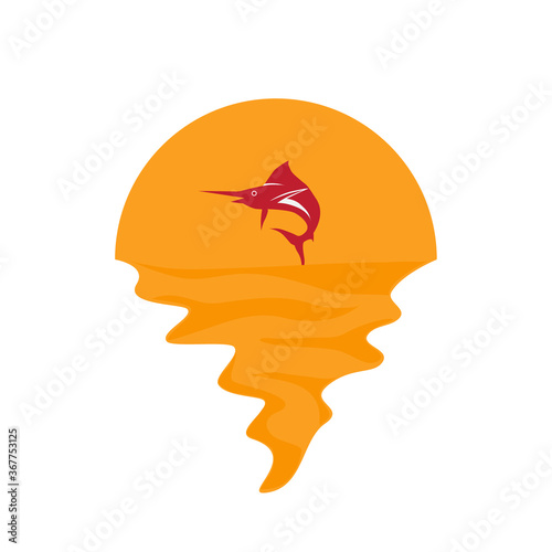 Vector of blue marlin fish on sea and sunset in background. Sail fish jumping out of water company logo illustration design