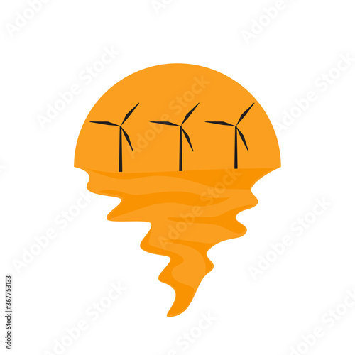 Vector of offshore wind farm on sea and sunset in background. Green energy industrial company silhouette logo illustration design