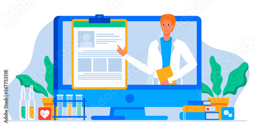 Online patient medical consultation and support chat set. Online doctor app messenger. Healthcare services, Ask a doctor. Family doctor on the computer screen. Tele medicine banner.