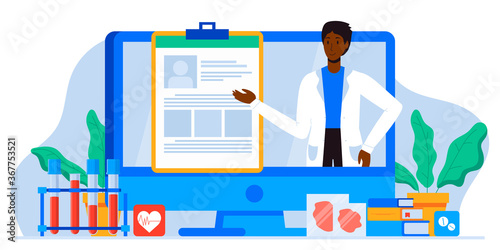 Online patient medical consultation and support chat set. Online doctor app messenger. Healthcare services, Ask a doctor. Family doctor on the computer screen. Tele medicine banner.