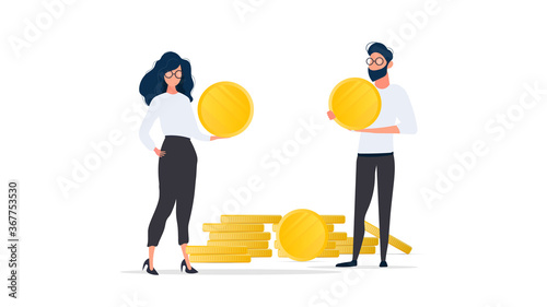 The guy and the girl are holding gold coins. The concept of earnings, profit and wealth. Isolated. Vector.