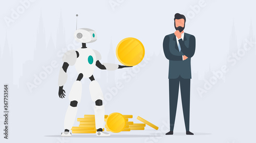 The robot gives a gold coin to a businessman. The robot brings profit to the business. The concept of earnings, profit and wealth. Vector.