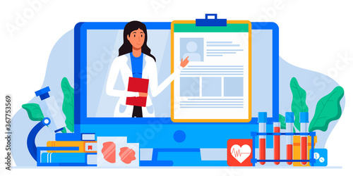 Online patient medical consultation and support chat set. Online doctor app messenger. Healthcare services, Ask a doctor. Family doctor on the computer screen. Tele medicine banner.
