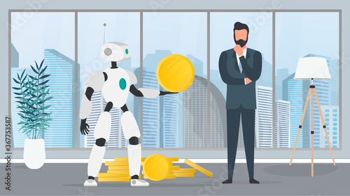 The robot gives a gold coin to a businessman. The robot brings profit to the business. The concept of earnings, profit and wealth. Vector.