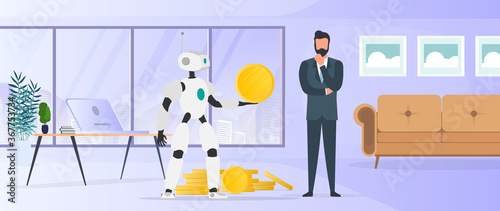 The robot gives a gold coin to a businessman. The robot brings profit to the business. The concept of earnings, profit and wealth. Vector.