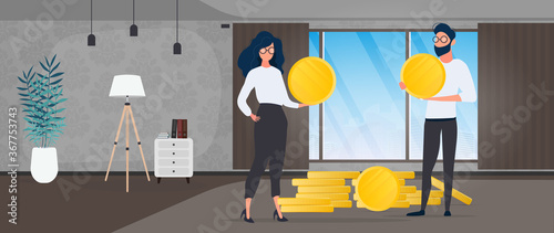 The guy and the girl are holding gold coins. The concept of earnings, profit and wealth. Isolated. Vector.