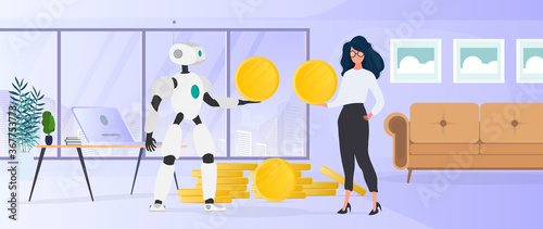 The robot gives a gold coin to the girl. The robot brings profit to the business. Vector.