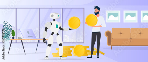 The robot gives a gold coin to a businessman. The robot brings profit to the business. The concept of earnings, profit and wealth. Vector.