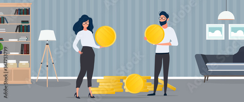 The guy and the girl are holding gold coins. The concept of earnings, profit and wealth. Isolated. Vector.