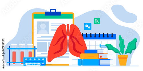 Lung inspection. Pulmonology of human vector illustration for website, app, banner. Fibrosis, virus, tuberculosis, pneumonia, cancer, lung diagnosis doctors treat, scan lungs. Medical office equipment