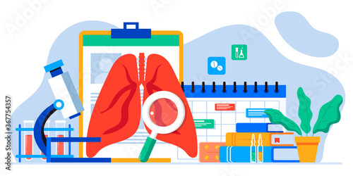 Lung inspection. Pulmonology of human vector illustration for website, app, banner. Fibrosis, virus, tuberculosis, pneumonia, cancer, lung diagnosis doctors treat, scan lungs. Medical office equipment