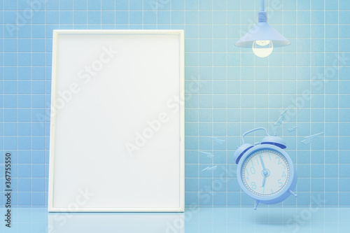 Mock Up empty photo frame and blue alarm clock on table. Alarm at 07.00. . Tile pastel bllue color background. 3d render. photo