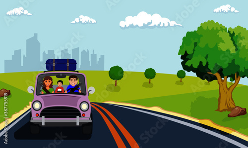 Families wear seat belts in the use of private cars to travel.  Drive out of the tourist city for a holiday. The atmosphere outside of the city is natural, with trees, fields and rocks on the side of 