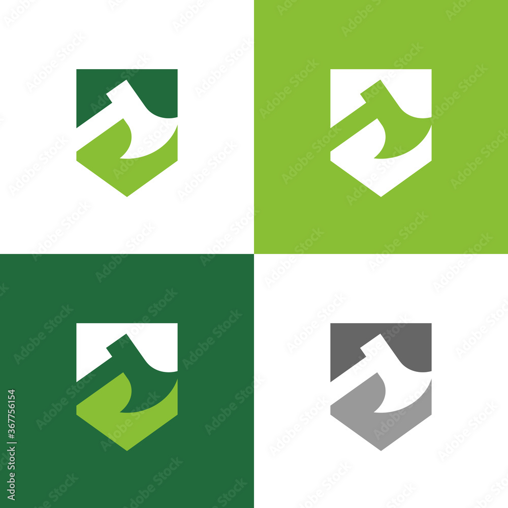 Shield and axe logo template, bushcraft symbol design - Vector