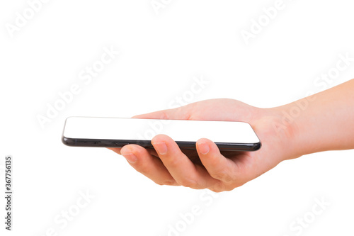 One Hand holding new smartphone in side view over on white background