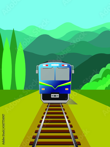 The concept of intercity train background with forest and mountain darwing in vector