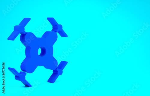 Blue Drone flying icon isolated on blue background. Quadrocopter with video and photo camera symbol. Minimalism concept. 3d illustration 3D render.