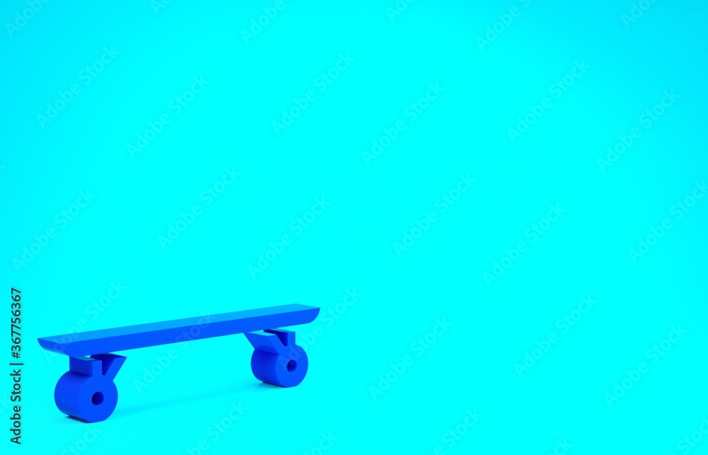 Blue Longboard or skateboard cruiser icon isolated on blue background. Extreme sport. Sport equipment. Minimalism concept. 3d illustration 3D render.