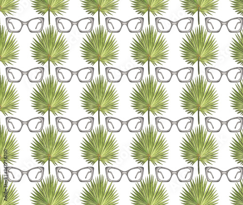 Tropical pattern whith sunglasses and palm sheets.