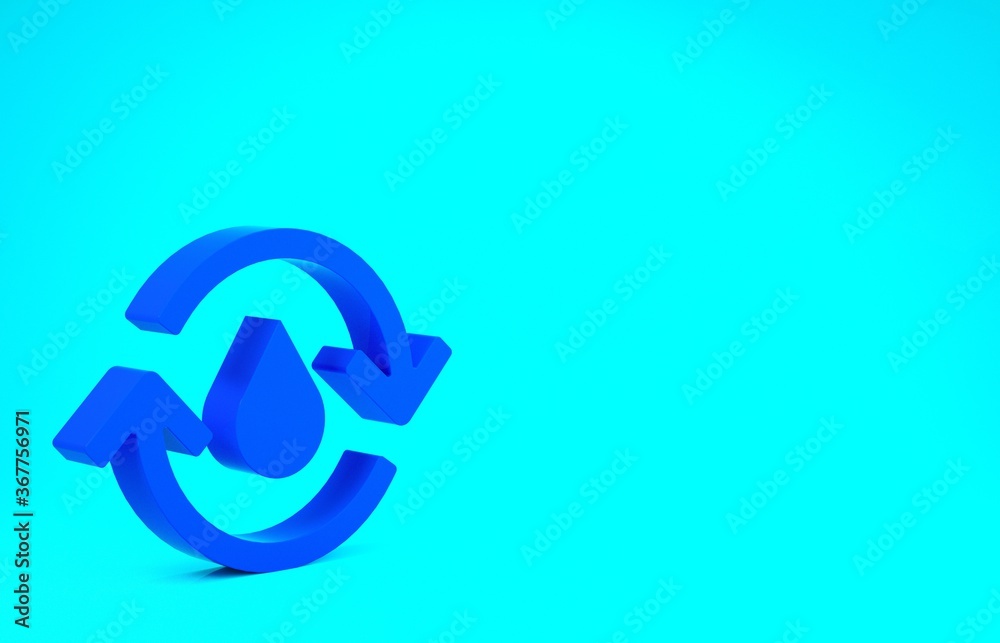 Blue Recycle clean aqua icon isolated on blue background. Drop of water with sign recycling. Minimalism concept. 3d illustration 3D render. Blue Recycle clean aqua icon isolated on blue background. Drop of water with sign recycling. Minimalism concept. 3d illustration 3D render.
