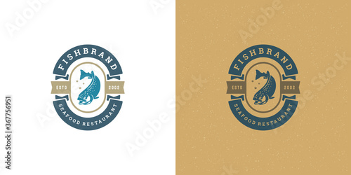 Seafood logo or sign vector illustration fish market and restaurant emblem template design salmon fish silhouette