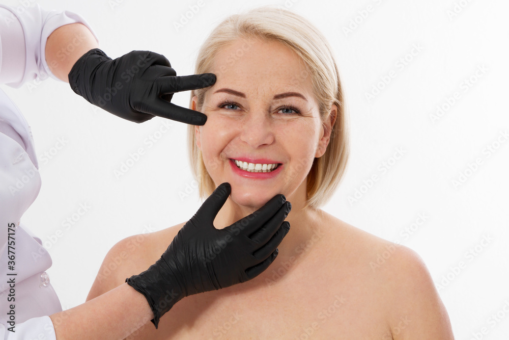 Middle-age woman beauty concept. Beautiful woman face. Rejuvenation and facelift woman concept. Women's cosmetic procedures for rejuvenation. Middle-age woman beauty concept. Beautiful woman face. Rejuvenation and facelift woman concept. Women's cosmetic procedures for rejuvenation.