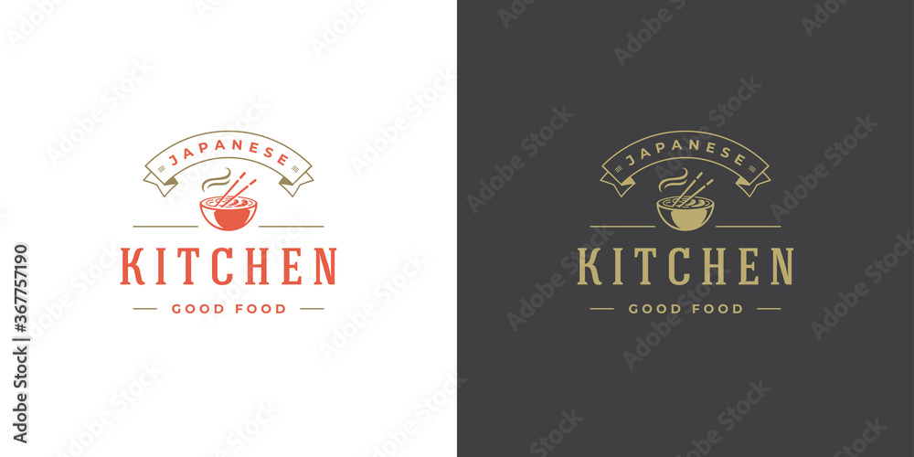 Sushi logo and badge japanese food restaurant with ramen noodle soup asian kitchen silhouette vector illustration
